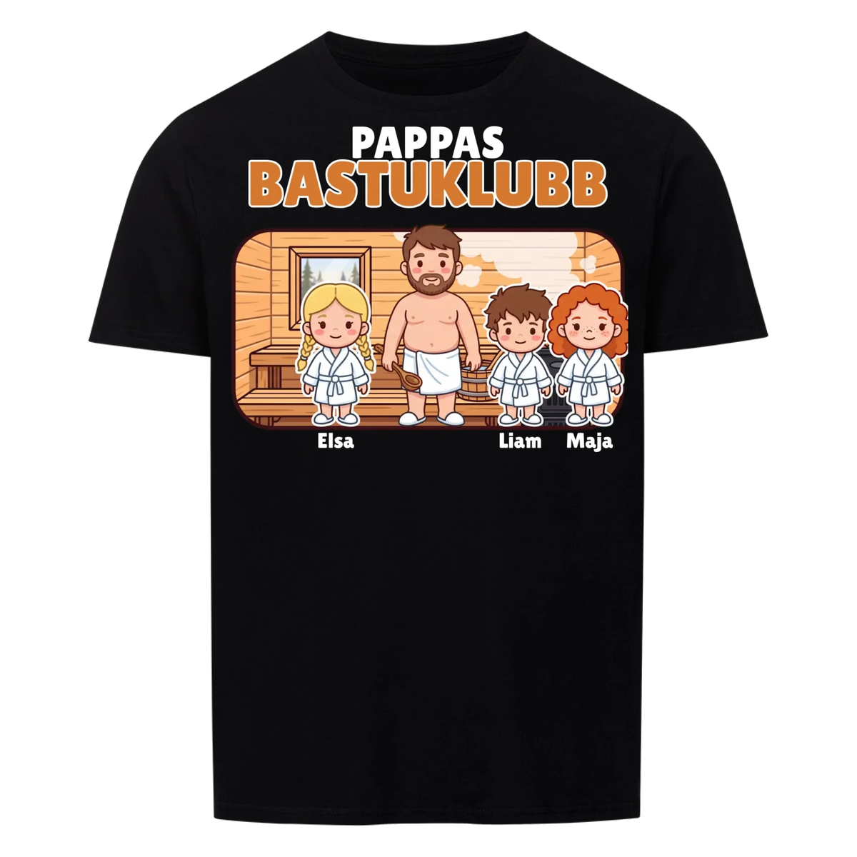 Pappas bastuklubb t-shirt med barnens namn och figurer. Present till pappa, farfar och morfar