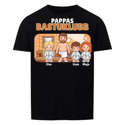 Pappas bastuklubb t-shirt med barnens namn och figurer. Present till pappa, farfar och morfar