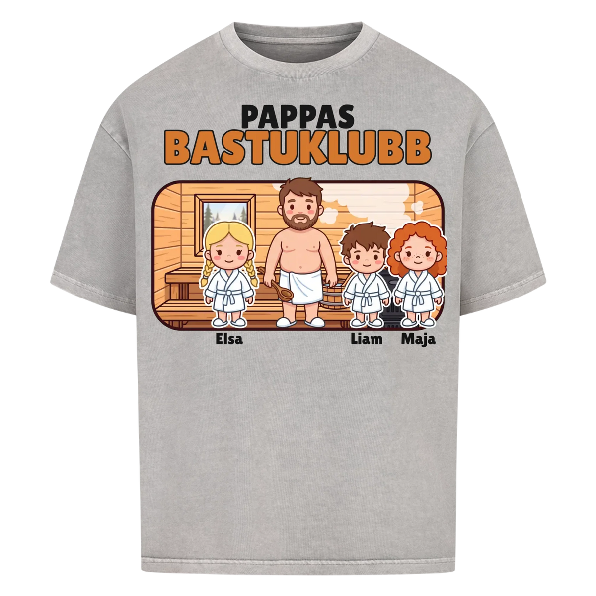 Pappas bastuklubb t-shirt med barnens namn och figurer. Present till pappa, farfar och morfar