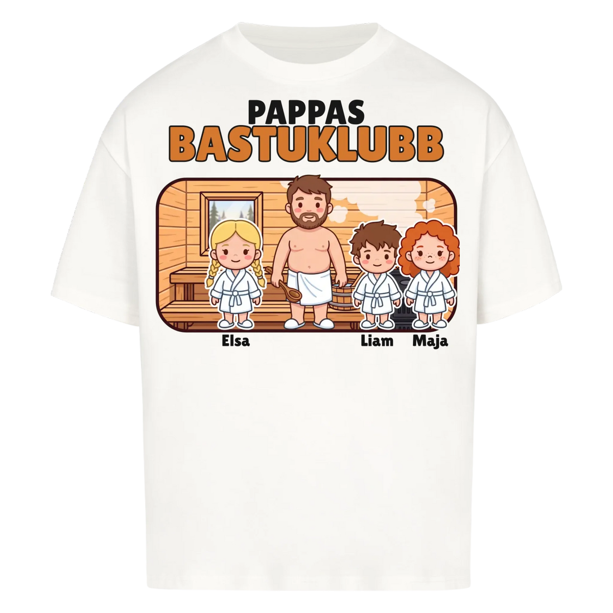Pappas bastuklubb t-shirt med barnens namn och figurer. Present till pappa, farfar och morfar