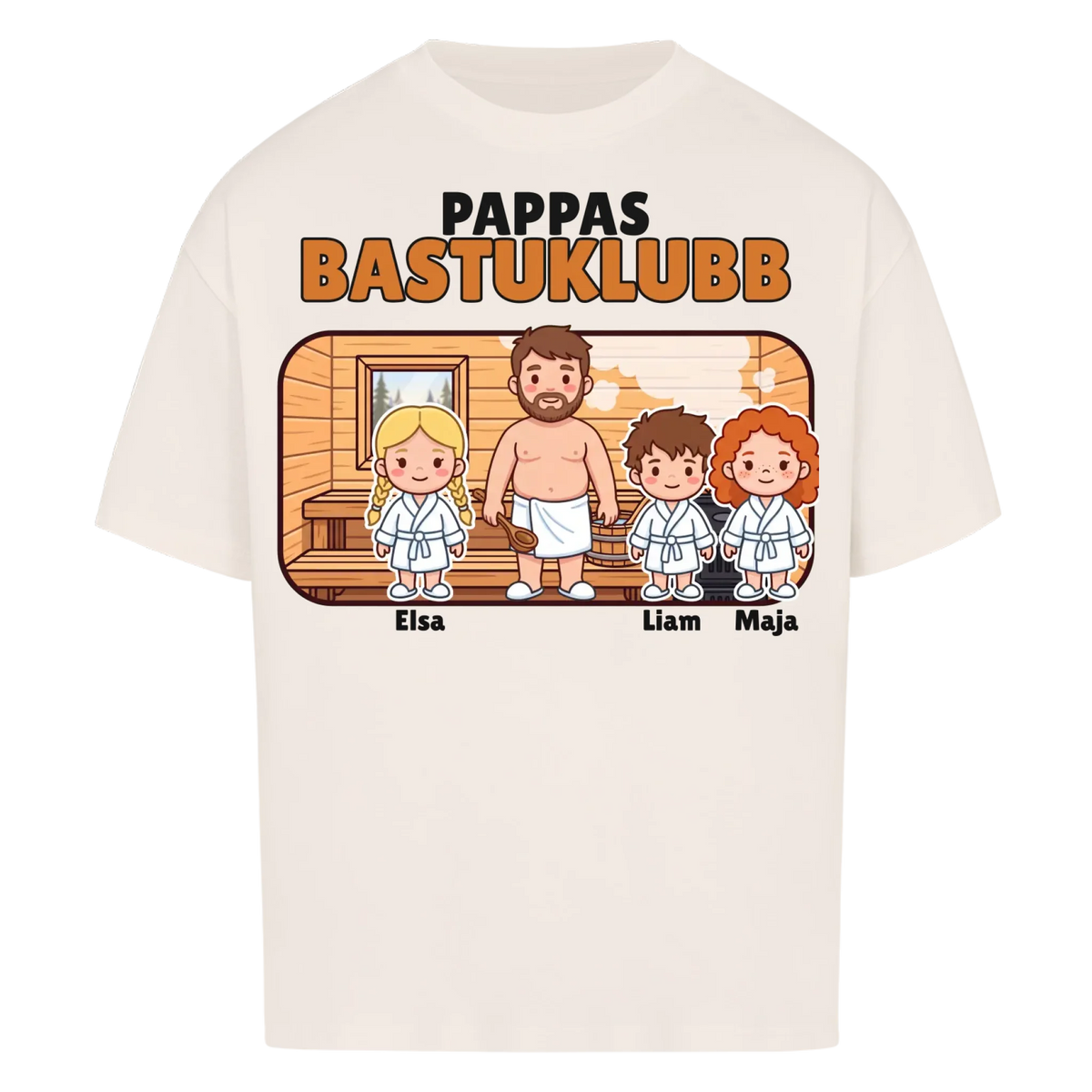 Pappas bastuklubb t-shirt med barnens namn och figurer. Present till pappa, farfar och morfar