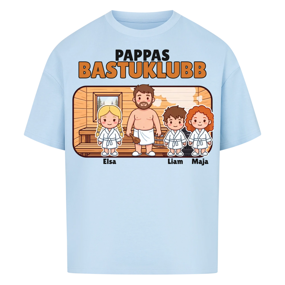 Pappas bastuklubb t-shirt med barnens namn och figurer. Present till pappa, farfar och morfar