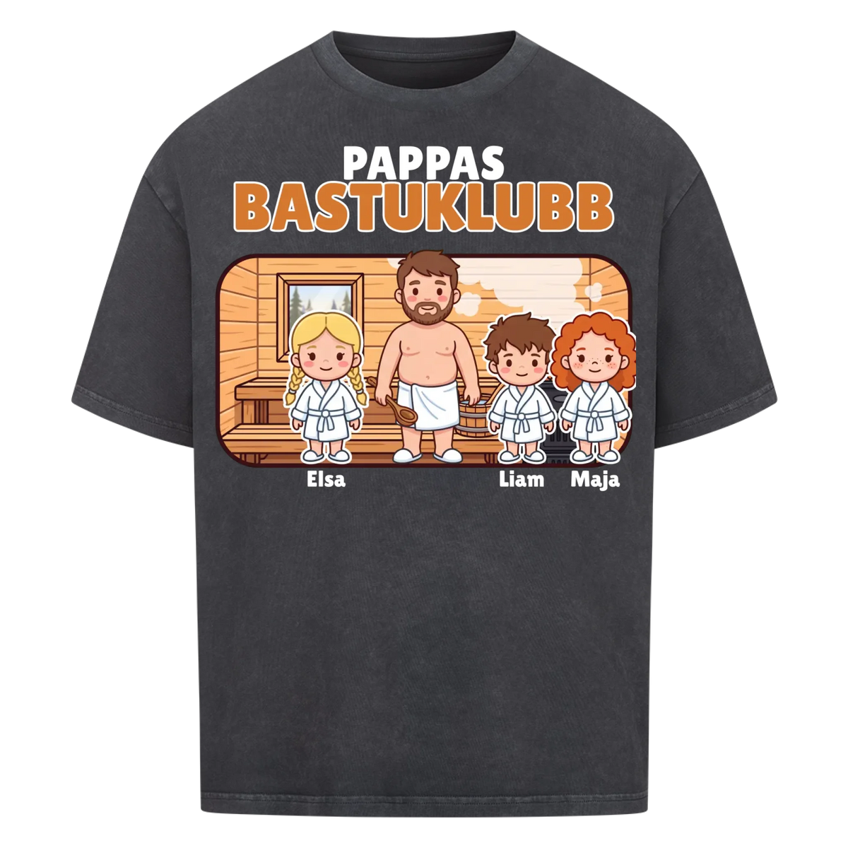 Pappas bastuklubb t-shirt med barnens namn och figurer. Present till pappa, farfar och morfar