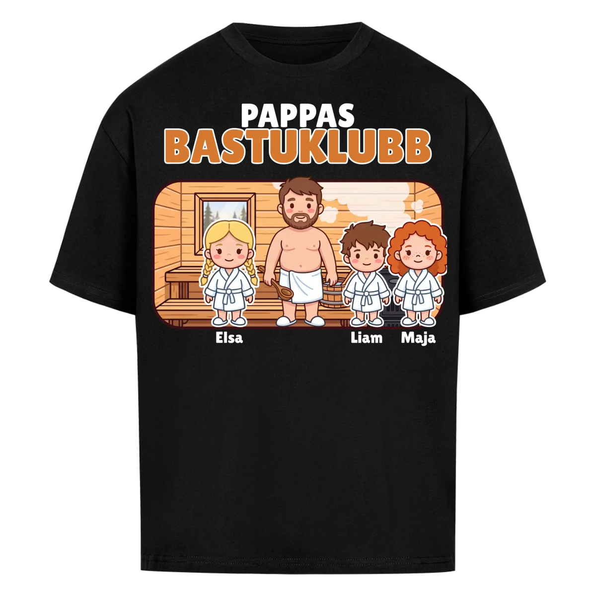 Pappas bastuklubb t-shirt med barnens namn och figurer. Present till pappa, farfar och morfar
