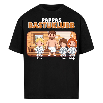 Pappas bastuklubb t-shirt med barnens namn och figurer. Present till pappa, farfar och morfar