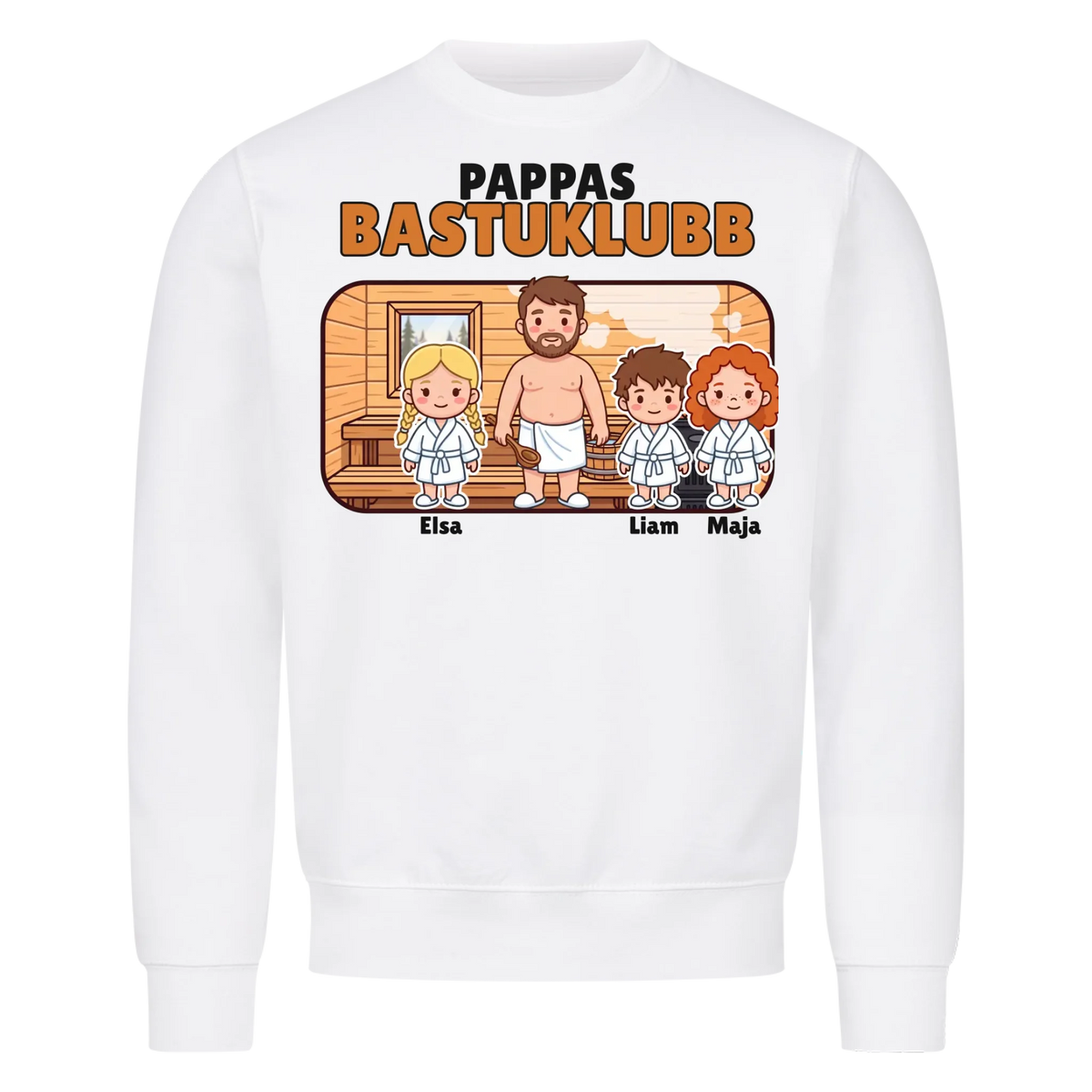 Pappas bastuklubb t-shirt med barnens namn och figurer. Present till pappa, farfar och morfar