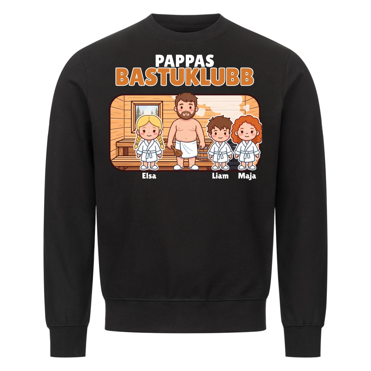 Pappas bastuklubb t-shirt med barnens namn och figurer. Present till pappa, farfar och morfar