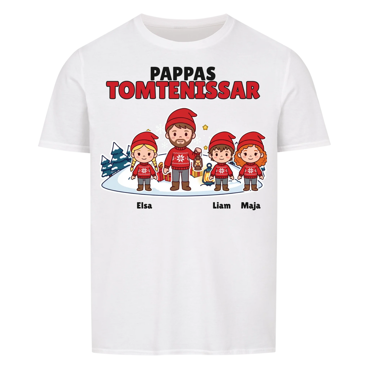 Pappas tomtenissar t-shirt med barnens namn och figurer. Julklapp till pappa, farfar och morfar
