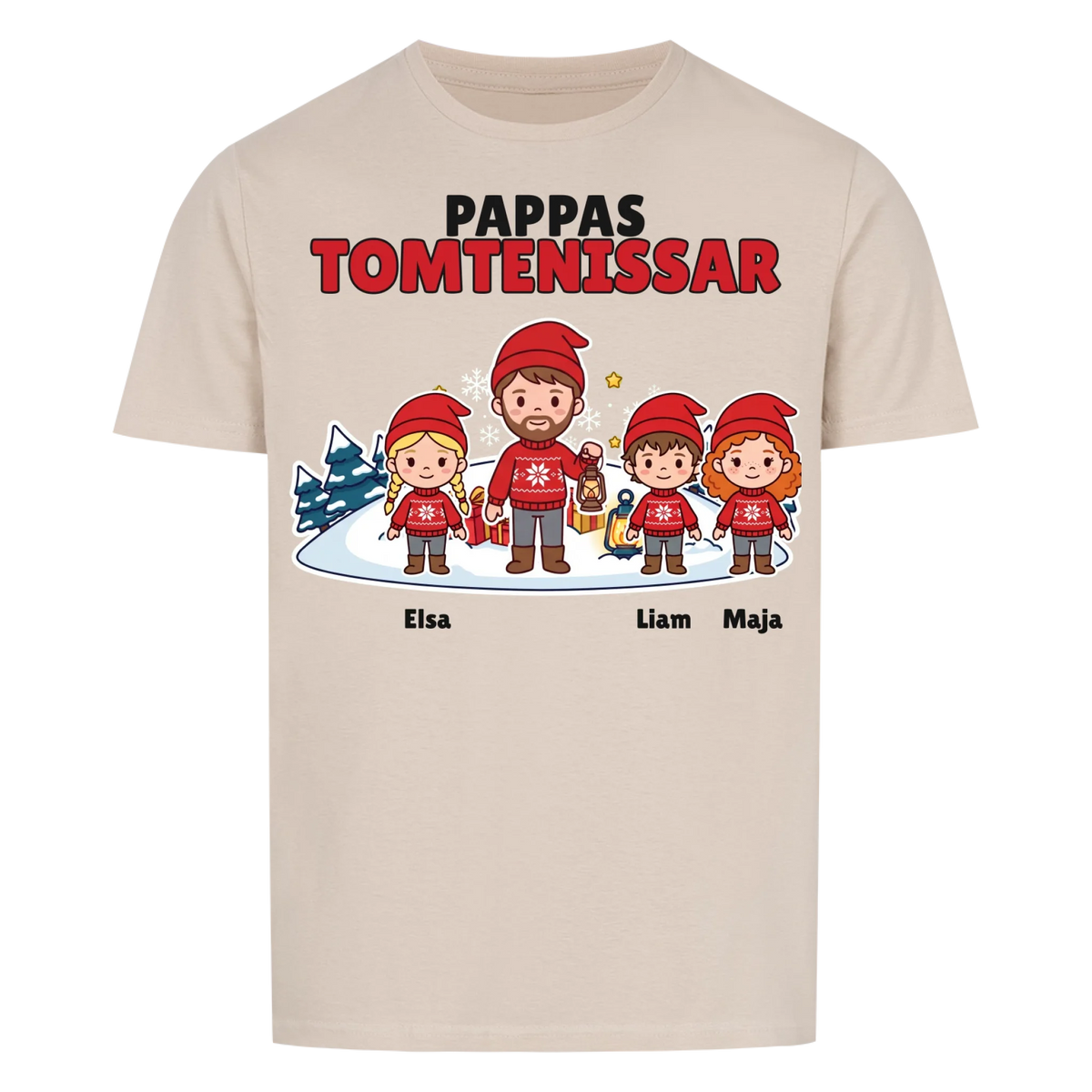 Pappas tomtenissar t-shirt med barnens namn och figurer. Julklapp till pappa, farfar och morfar