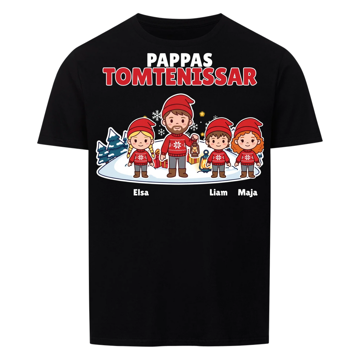 Pappas tomtenissar t-shirt med barnens namn och figurer. Julklapp till pappa, farfar och morfar