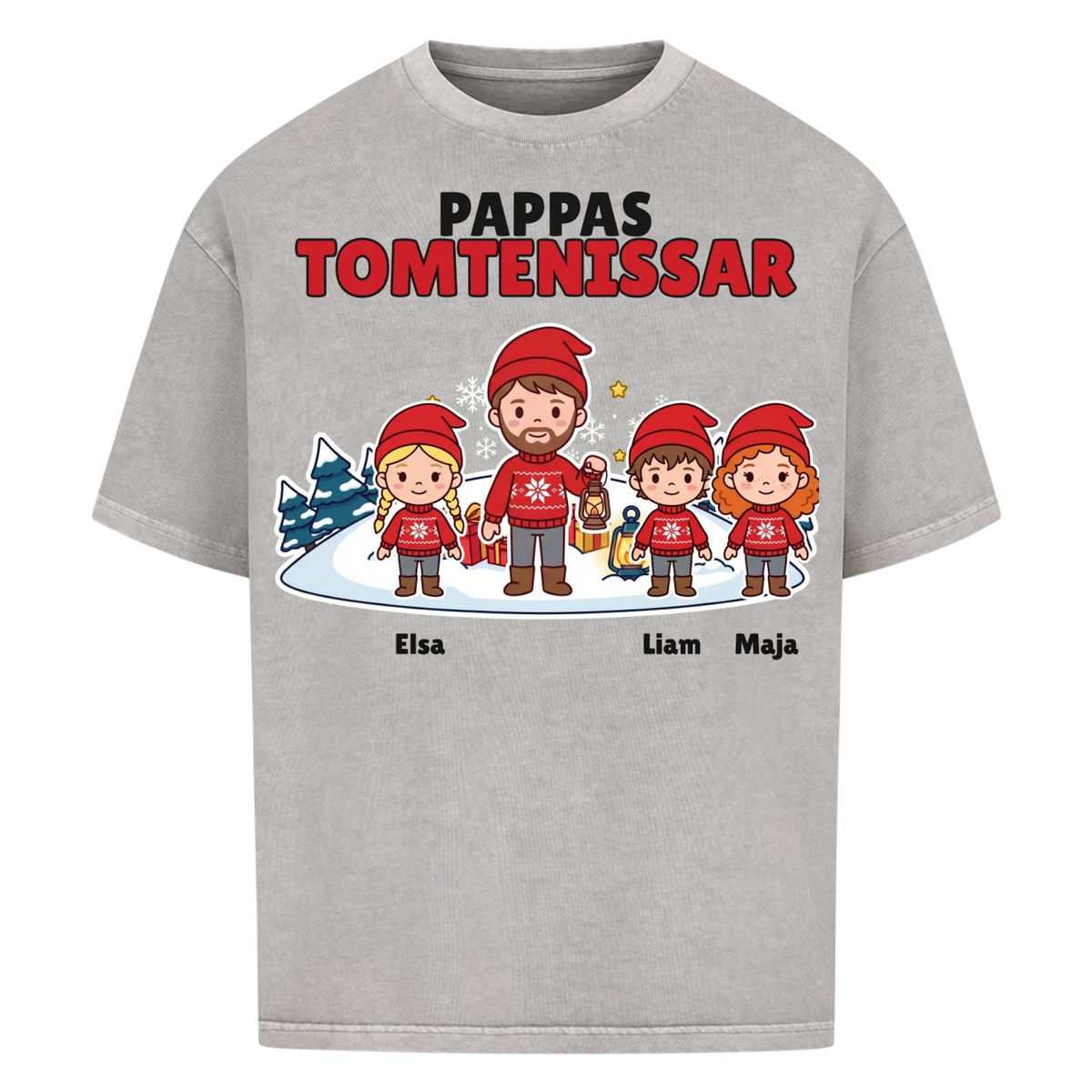 Pappas tomtenissar t-shirt med barnens namn och figurer. Julklapp till pappa, farfar och morfar