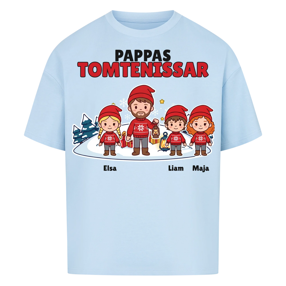 Pappas tomtenissar t-shirt med barnens namn och figurer. Julklapp till pappa, farfar och morfar