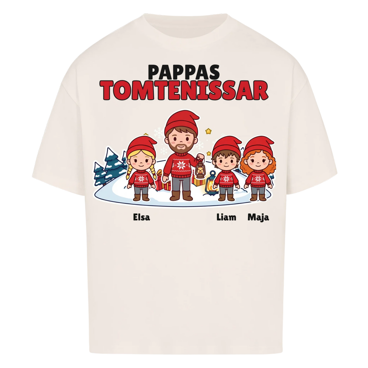 Pappas tomtenissar t-shirt med barnens namn och figurer. Julklapp till pappa, farfar och morfar