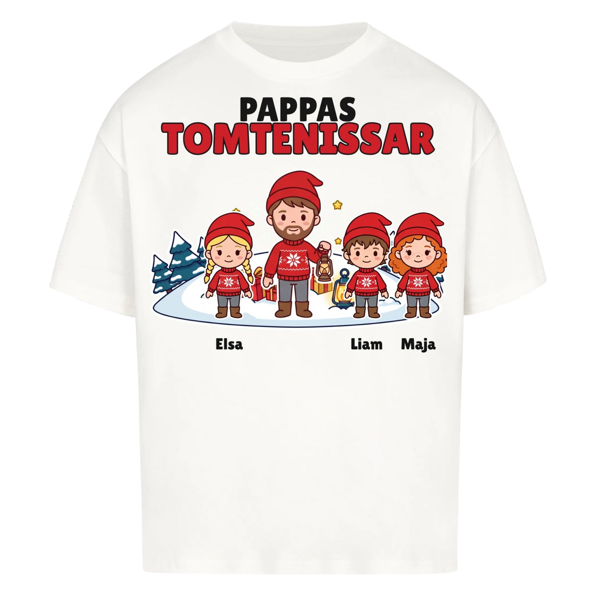 Pappas tomtenissar t-shirt med barnens namn och figurer. Julklapp till pappa, farfar och morfar