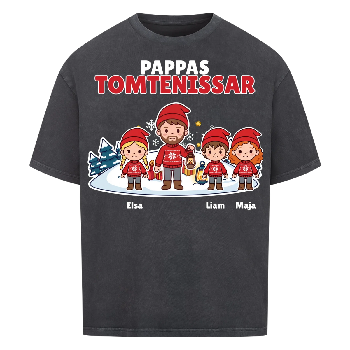 Pappas tomtenissar t-shirt med barnens namn och figurer. Julklapp till pappa, farfar och morfar