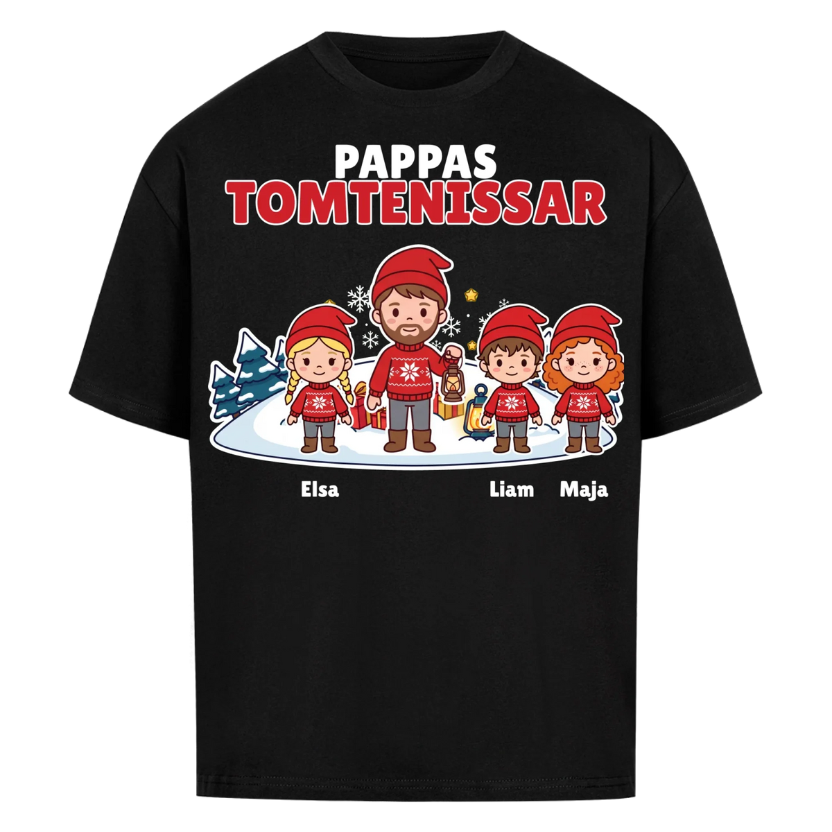 Pappas tomtenissar t-shirt med barnens namn och figurer. Julklapp till pappa, farfar och morfar