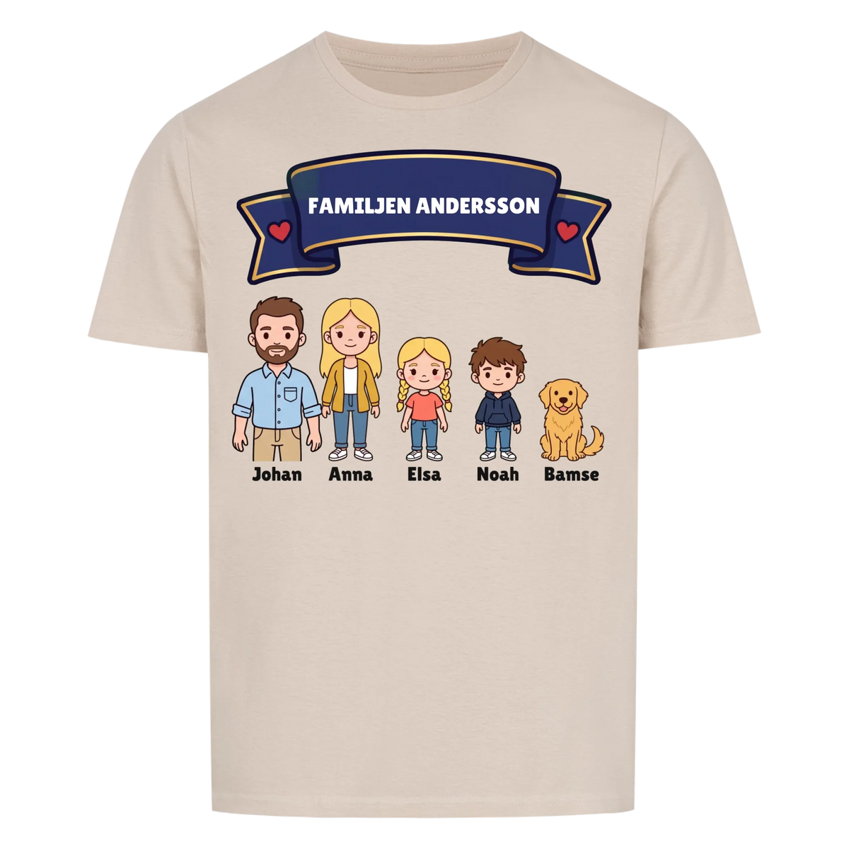 Familjen t-shirt med efternamn, figurer och namn på hela familjen. Personlig present