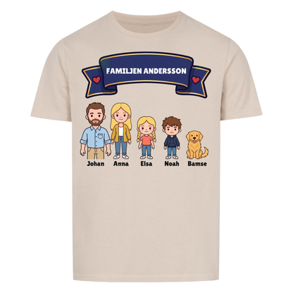 Familjen t-shirt med efternamn, figurer och namn på hela familjen. Personlig present