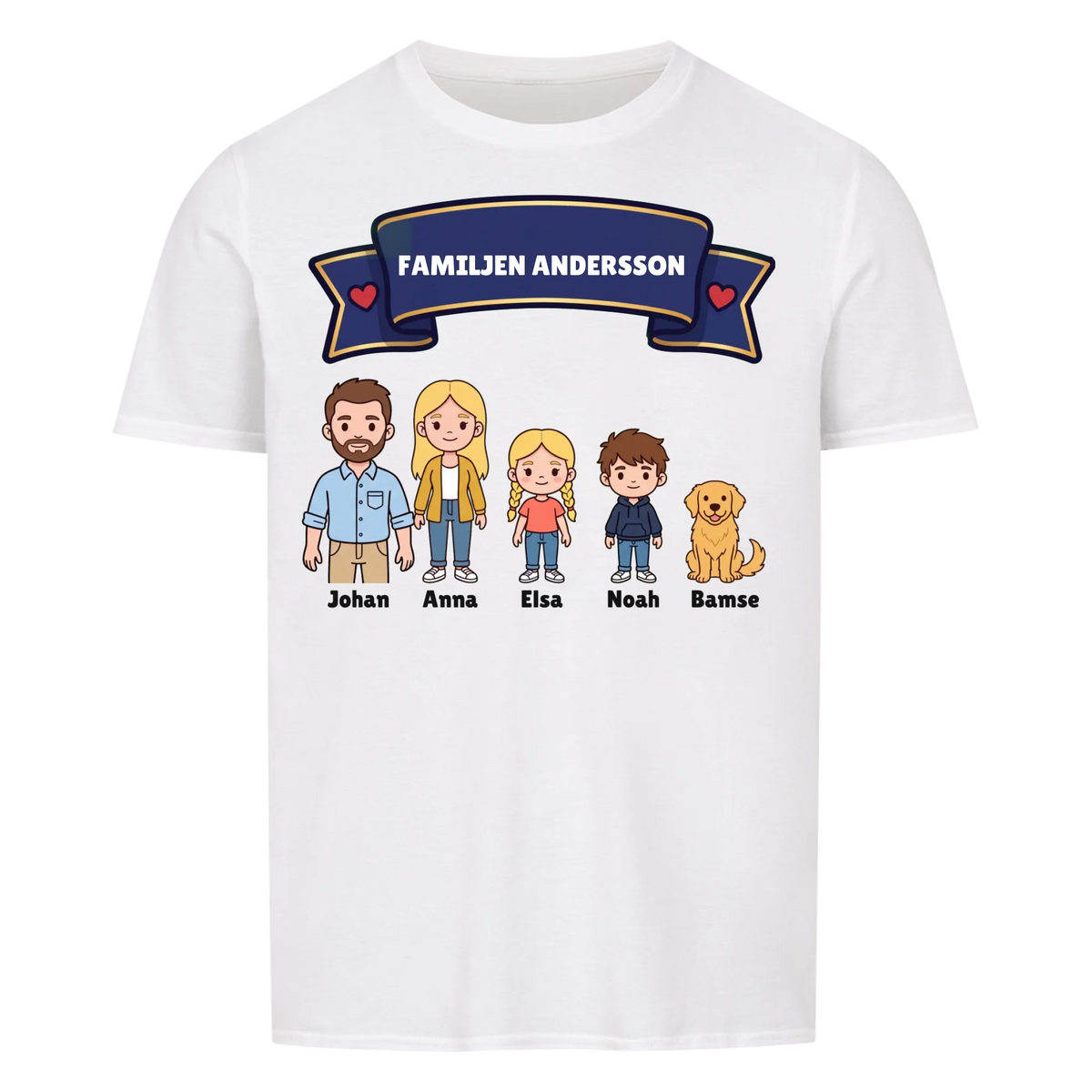Familjen t-shirt med efternamn, figurer och namn på hela familjen. Personlig present