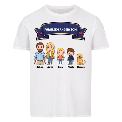 Familjen t-shirt med efternamn, figurer och namn på hela familjen. Personlig present
