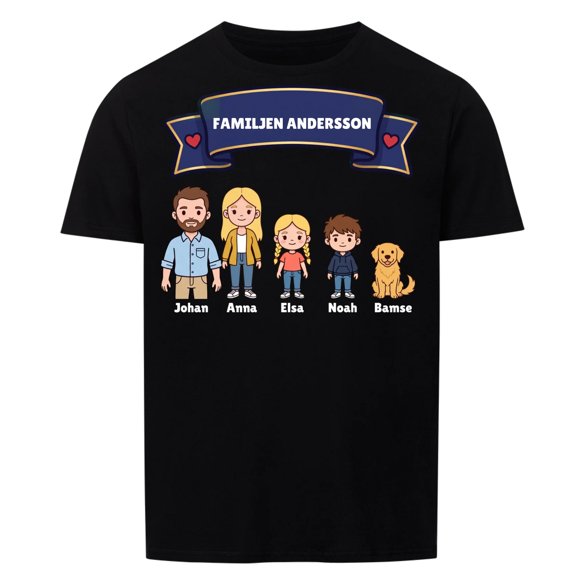 Familjen t-shirt med efternamn, figurer och namn på hela familjen. Personlig present