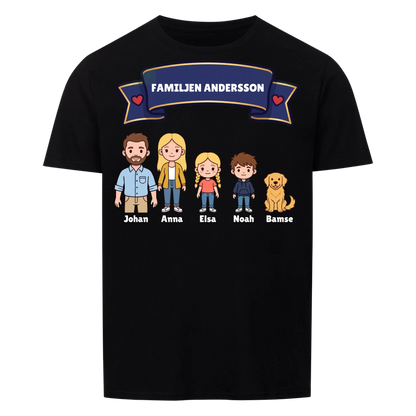 Familjen t-shirt med efternamn, figurer och namn på hela familjen. Personlig present