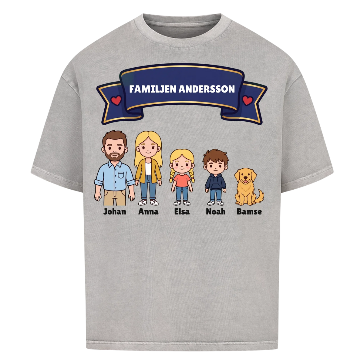 Familjen t-shirt med efternamn, figurer och namn på hela familjen. Personlig present
