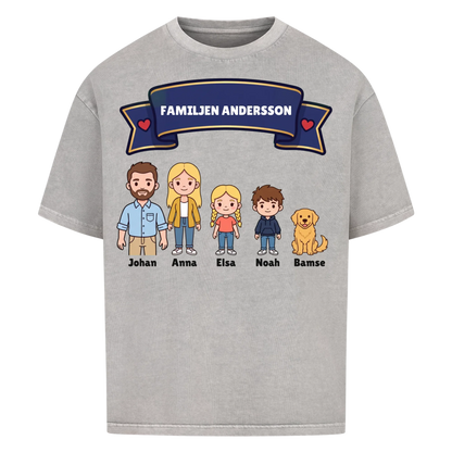 Familjen t-shirt med efternamn, figurer och namn på hela familjen. Personlig present