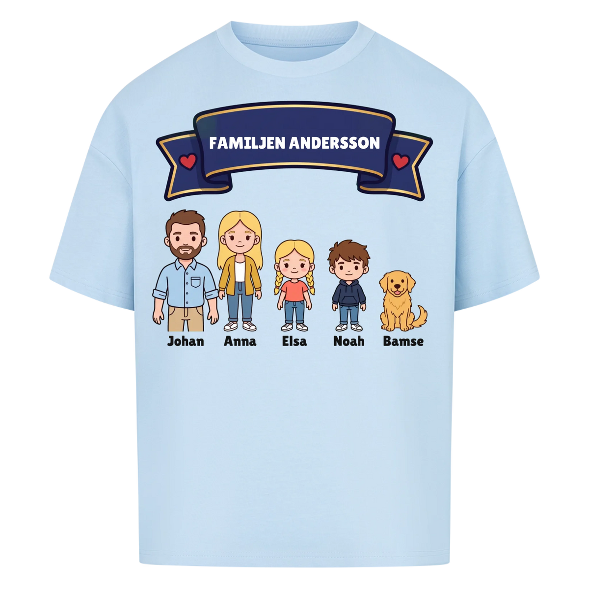 Familjen t-shirt med efternamn, figurer och namn på hela familjen. Personlig present