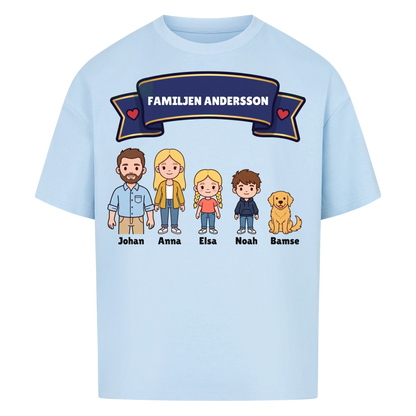 Familjen t-shirt med efternamn, figurer och namn på hela familjen. Personlig present