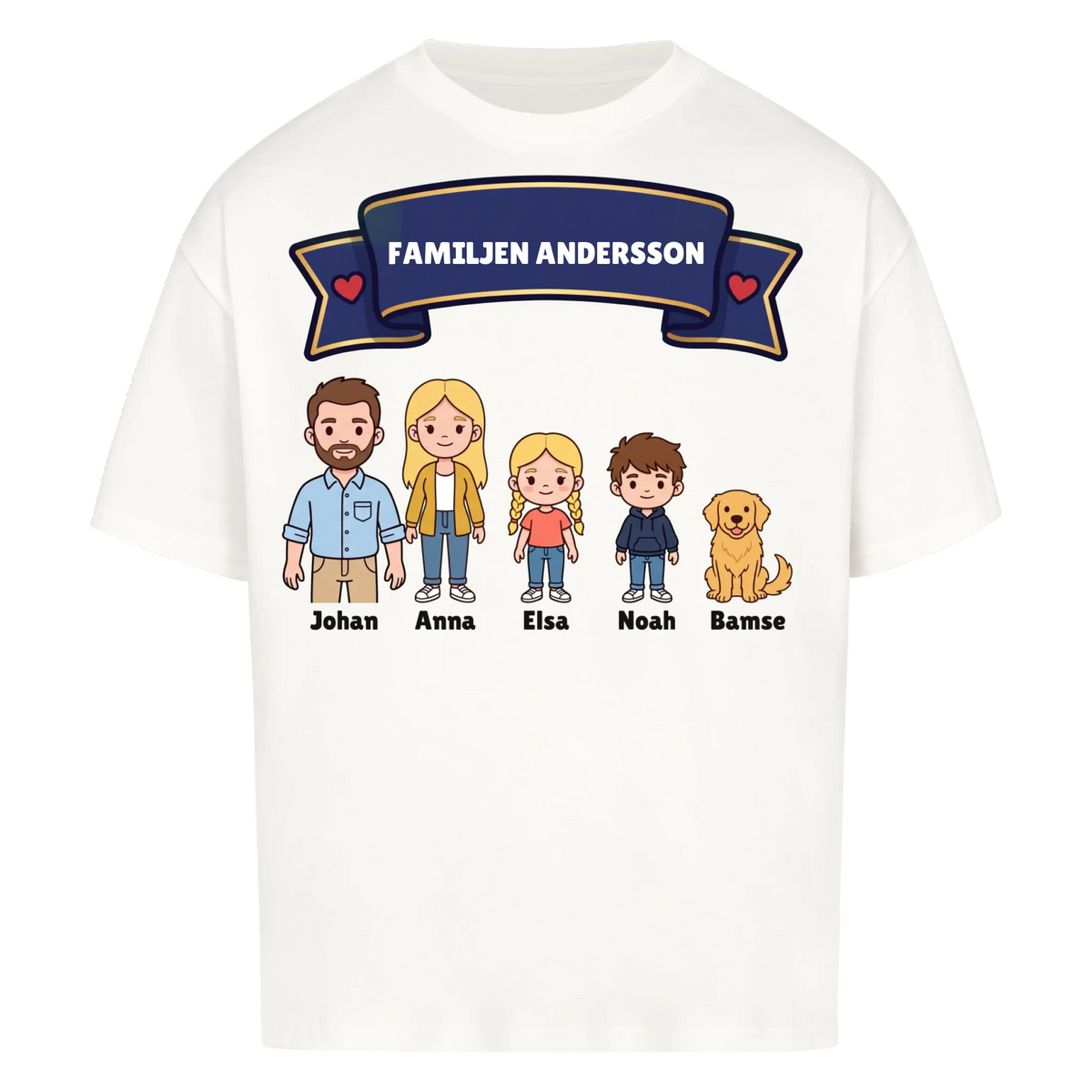 Familjen t-shirt med efternamn, figurer och namn på hela familjen. Personlig present