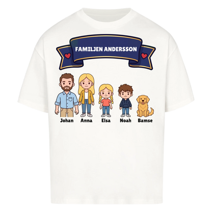 Familjen t-shirt med efternamn, figurer och namn på hela familjen. Personlig present