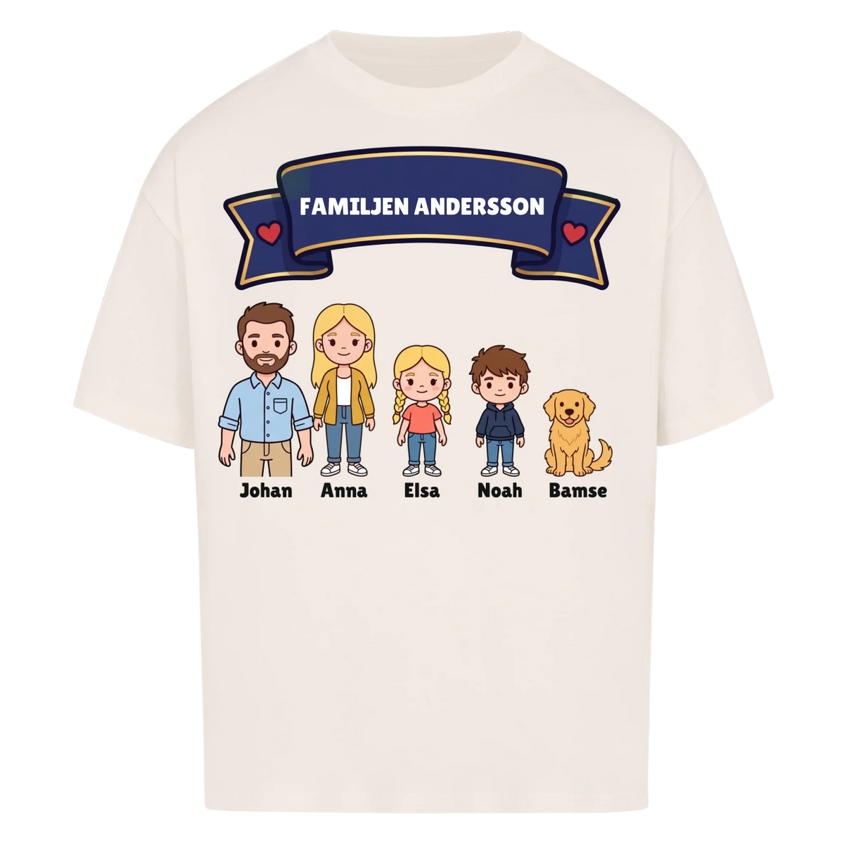 Familjen t-shirt med efternamn, figurer och namn på hela familjen. Personlig present