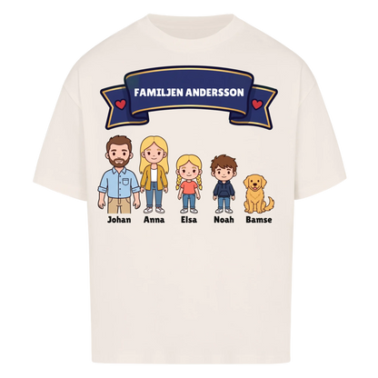 Familjen t-shirt med efternamn, figurer och namn på hela familjen. Personlig present