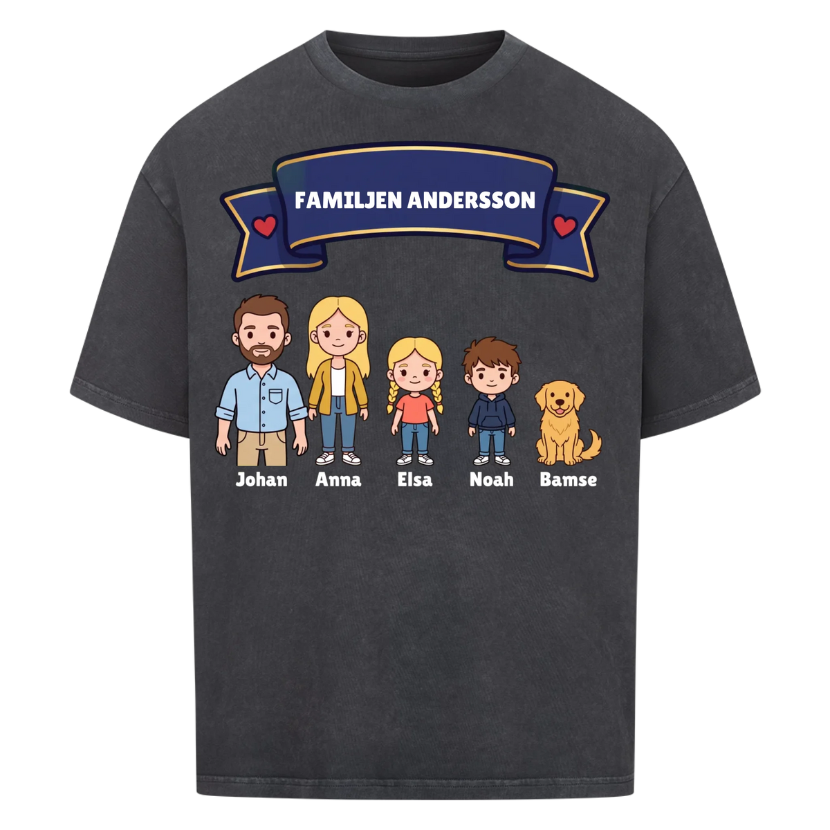 Familjen t-shirt med efternamn, figurer och namn på hela familjen. Personlig present