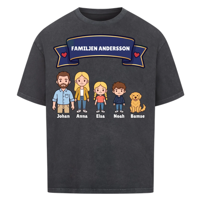 Familjen t-shirt med efternamn, figurer och namn på hela familjen. Personlig present