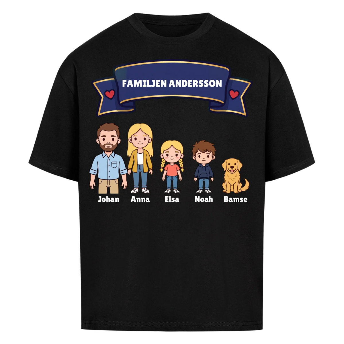 Familjen t-shirt med efternamn, figurer och namn på hela familjen. Personlig present