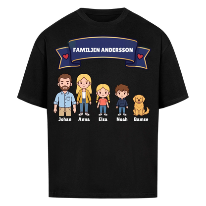 Familjen t-shirt med efternamn, figurer och namn på hela familjen. Personlig present