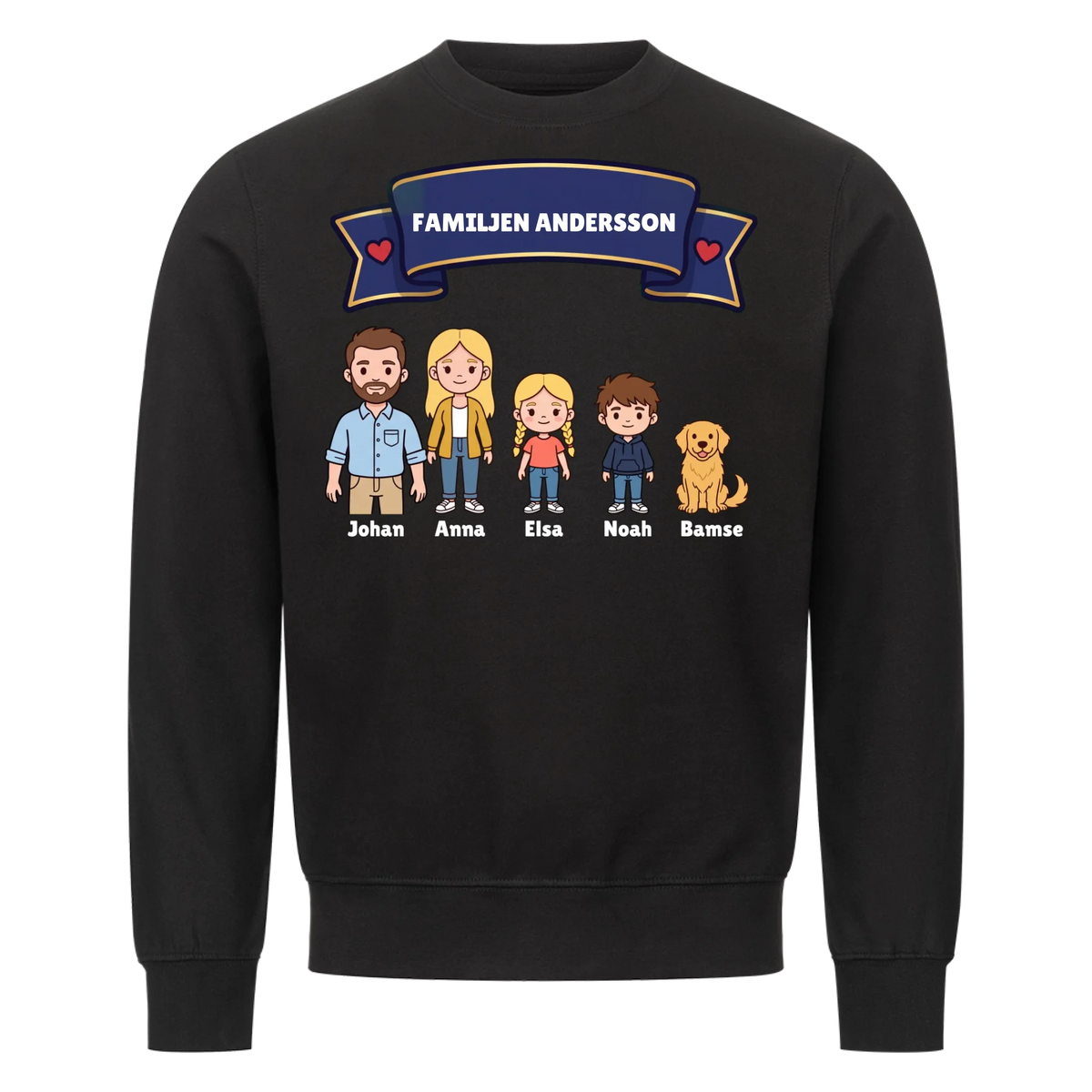 Familjen t-shirt med efternamn, figurer och namn på hela familjen. Personlig present