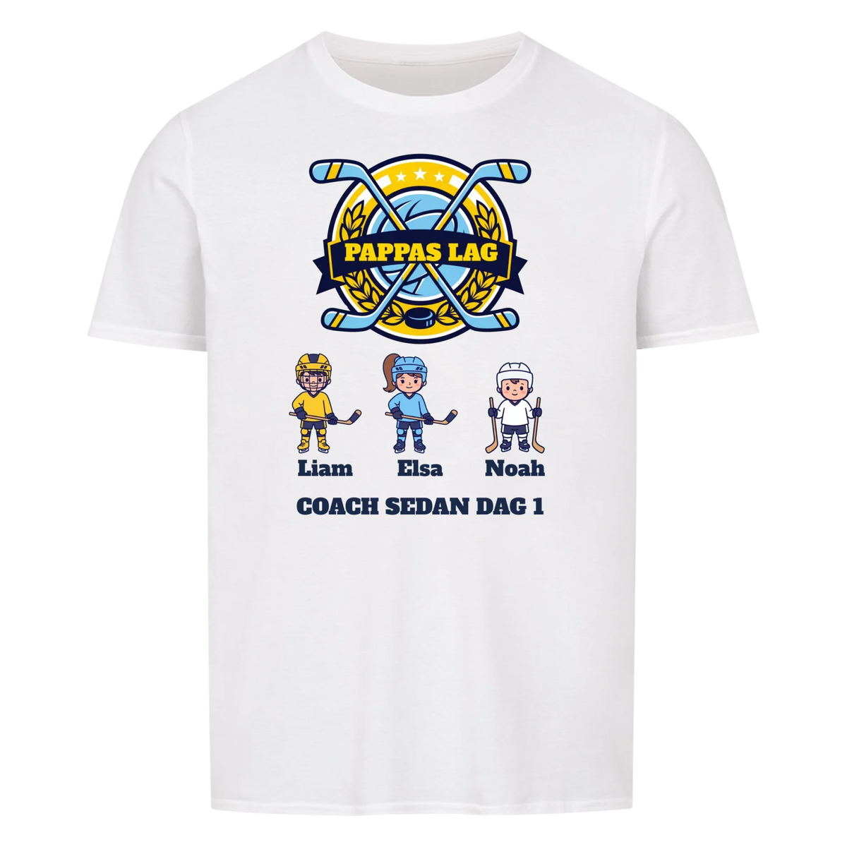 Pappas lag hockey t-shirt med barnens namn och figurer. Present till pappa, farfar och morfar