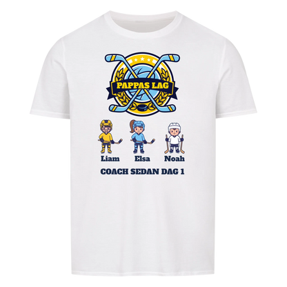 Pappas lag hockey t-shirt med barnens namn och figurer. Present till pappa, farfar och morfar