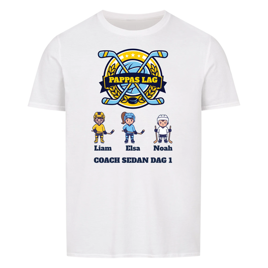 Pappas lag hockey t-shirt med barnens namn och figurer. Present till pappa, farfar och morfar