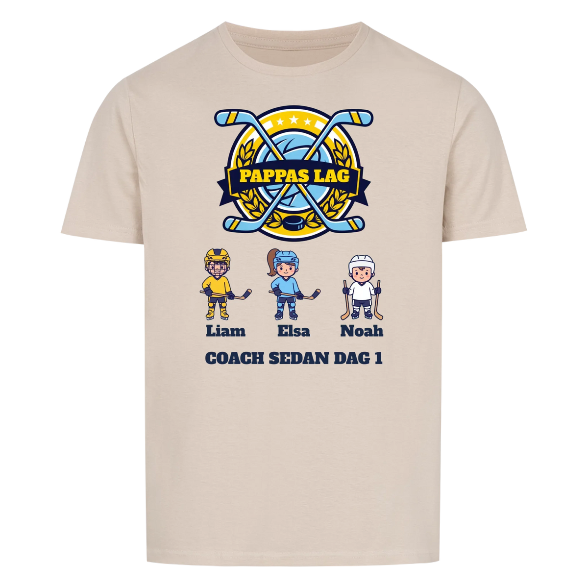 Pappas lag hockey t-shirt med barnens namn och figurer. Present till pappa, farfar och morfar