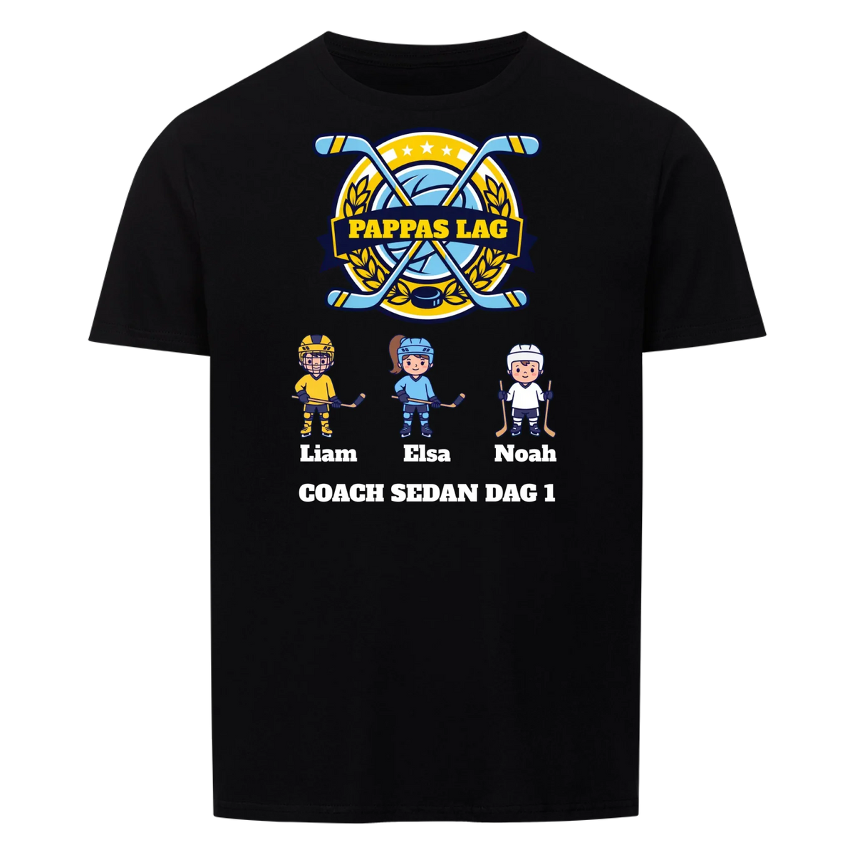 Pappas lag hockey t-shirt med barnens namn och figurer. Present till pappa, farfar och morfar