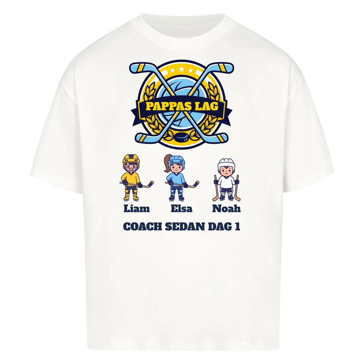 Pappas lag hockey t-shirt med barnens namn och figurer. Present till pappa, farfar och morfar