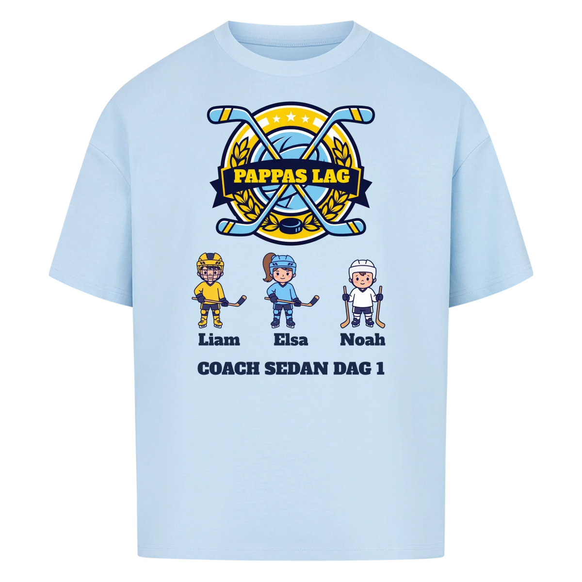 Pappas lag hockey t-shirt med barnens namn och figurer. Present till pappa, farfar och morfar