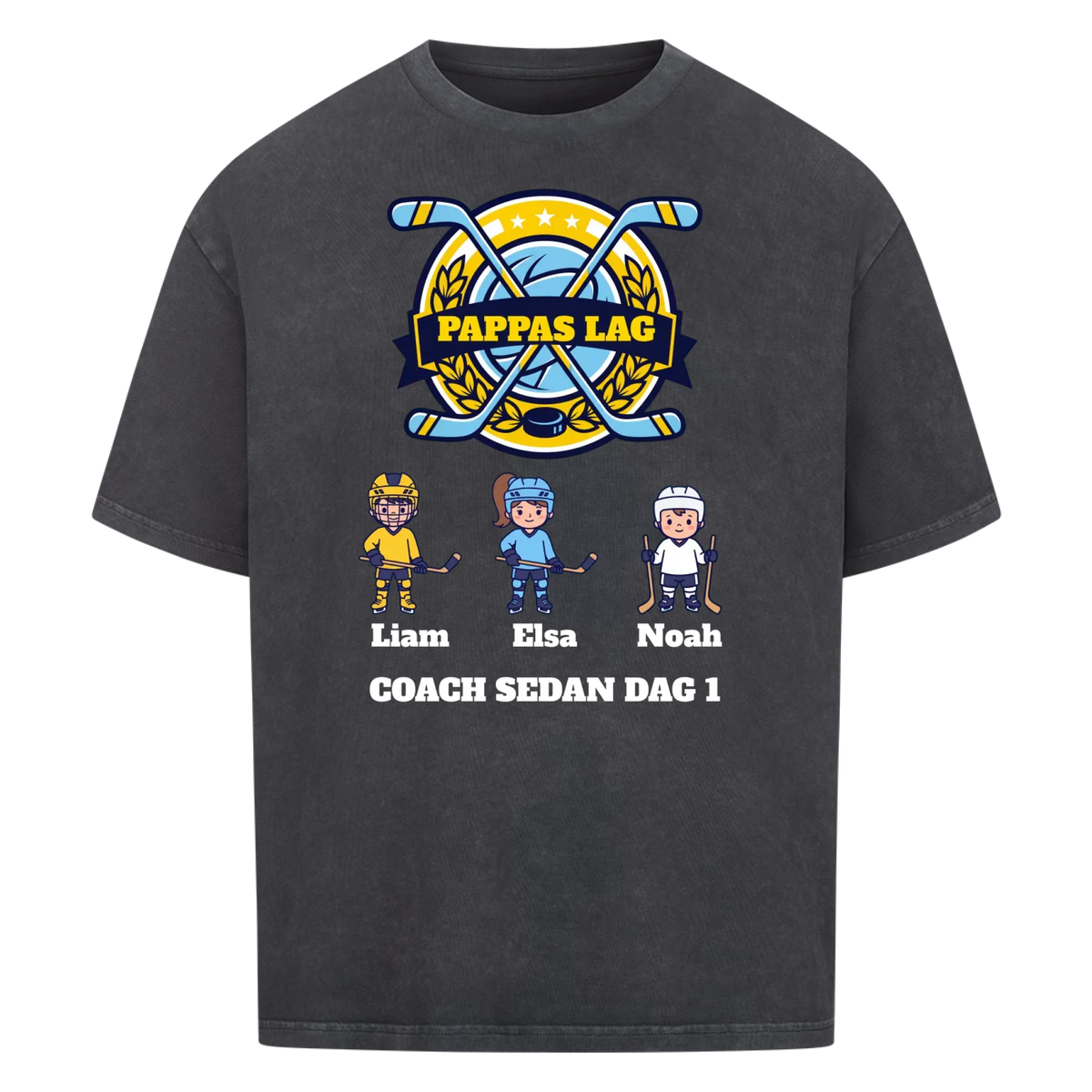 Pappas lag hockey t-shirt med barnens namn och figurer. Present till pappa, farfar och morfar