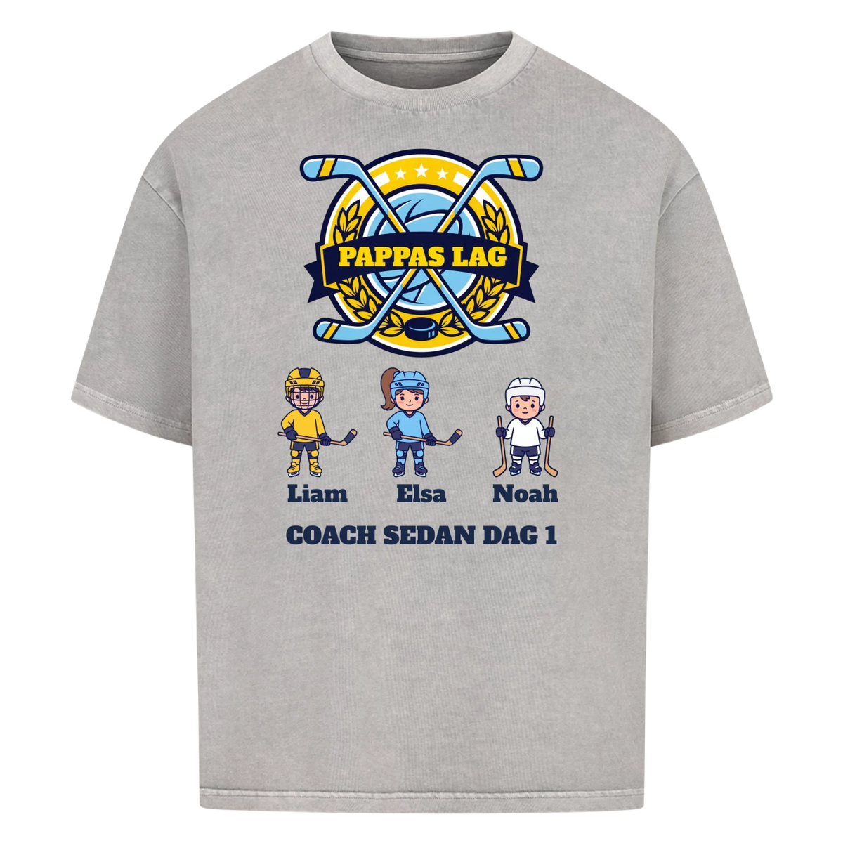 Pappas lag hockey t-shirt med barnens namn och figurer. Present till pappa, farfar och morfar