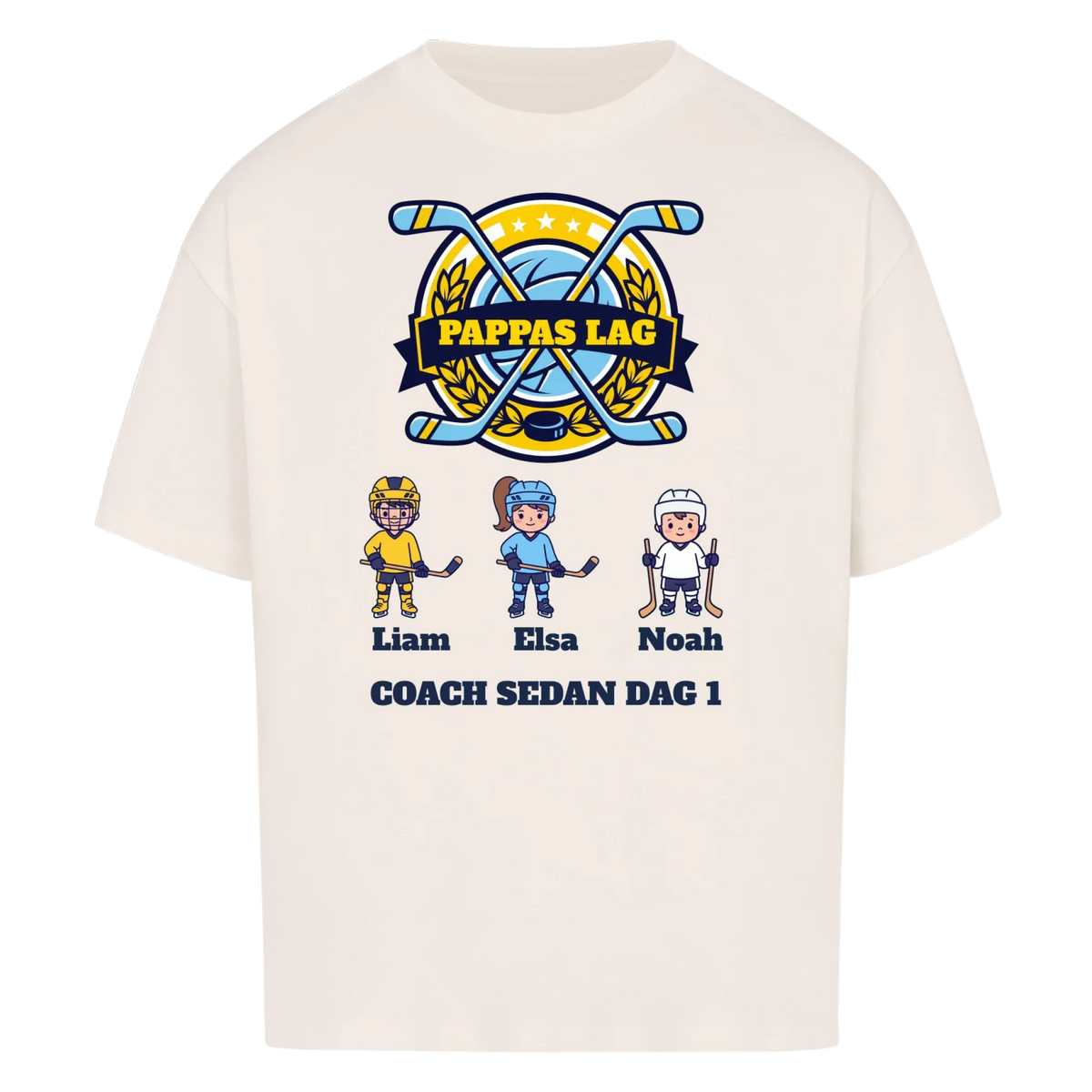 Pappas lag hockey t-shirt med barnens namn och figurer. Present till pappa, farfar och morfar