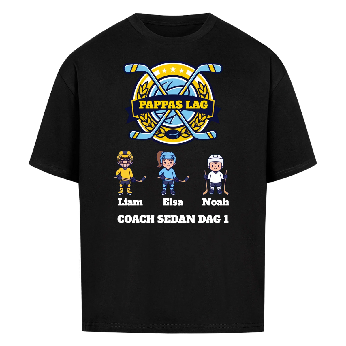Pappas lag hockey t-shirt med barnens namn och figurer. Present till pappa, farfar och morfar